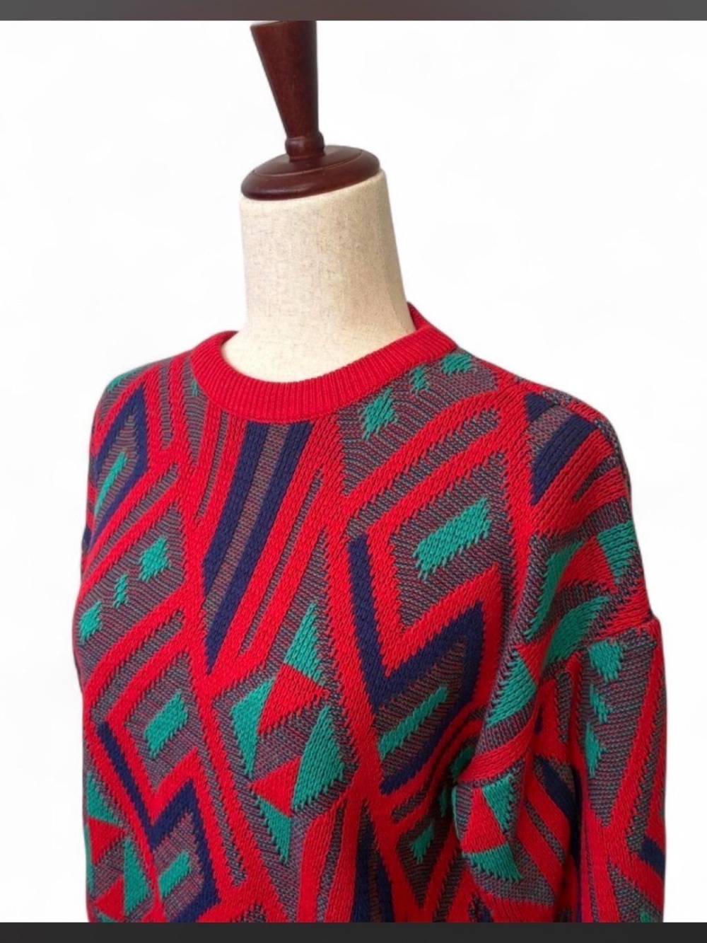 Geometric Knit Crewneck Sweater - Red, Green & Blue